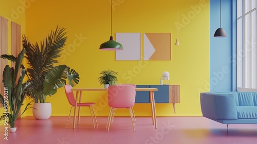 Bright and lively dining area featuring a yellow wall, pink chairs, green pendant lights, tropical plants, and a modern blue couch, creating a cheerful atmosphere. 