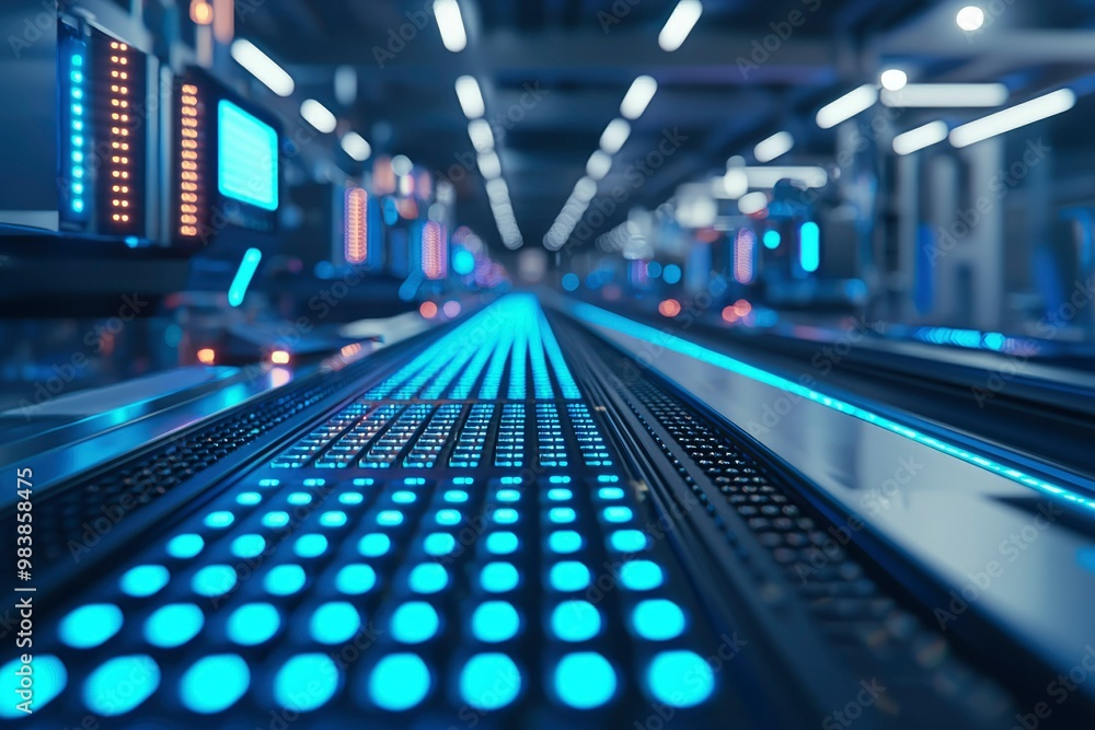 Blue Lighted Futuristic Corridor with Illuminated Walkway Blue Lighted Futuristic Corridor with Illuminated Walkway