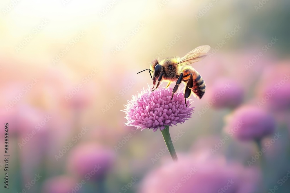 Bee pollinating flowers, biodiversity and ecosystem health, environmental conservation, 3D illustration