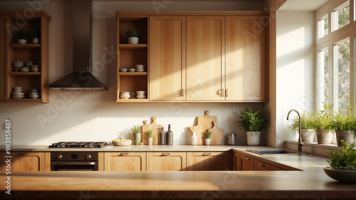 Bright wooden kitchen interior with fresh plants and sunlight