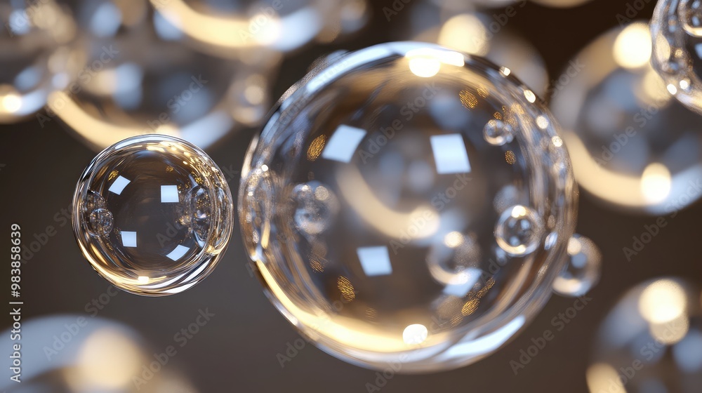 Floating 3D bubbles made of glowing liquid metal, reflecting light as they rise in the air. Floating 3D bubbles made of glowing liquid metal, reflecting light as they rise in the air.