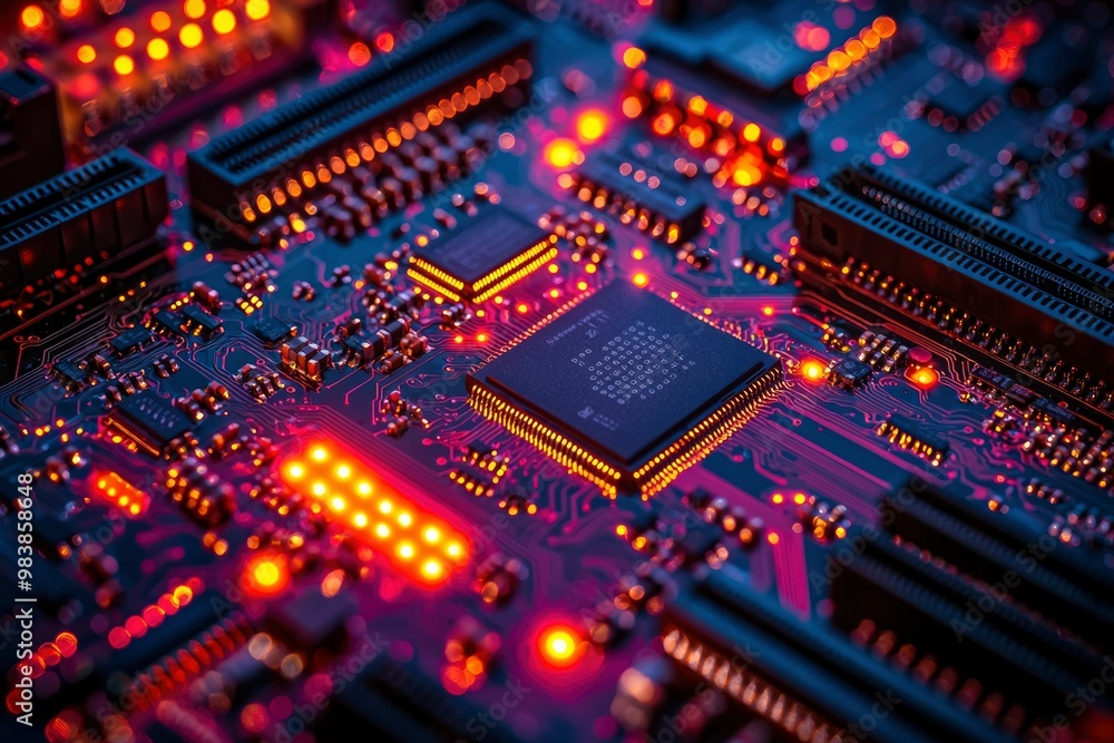 Close-up of a glowing circuit board with a central processor Close-up of a glowing circuit board with a central processor