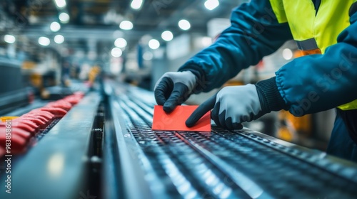 Worker inspecting a production line in a factory.