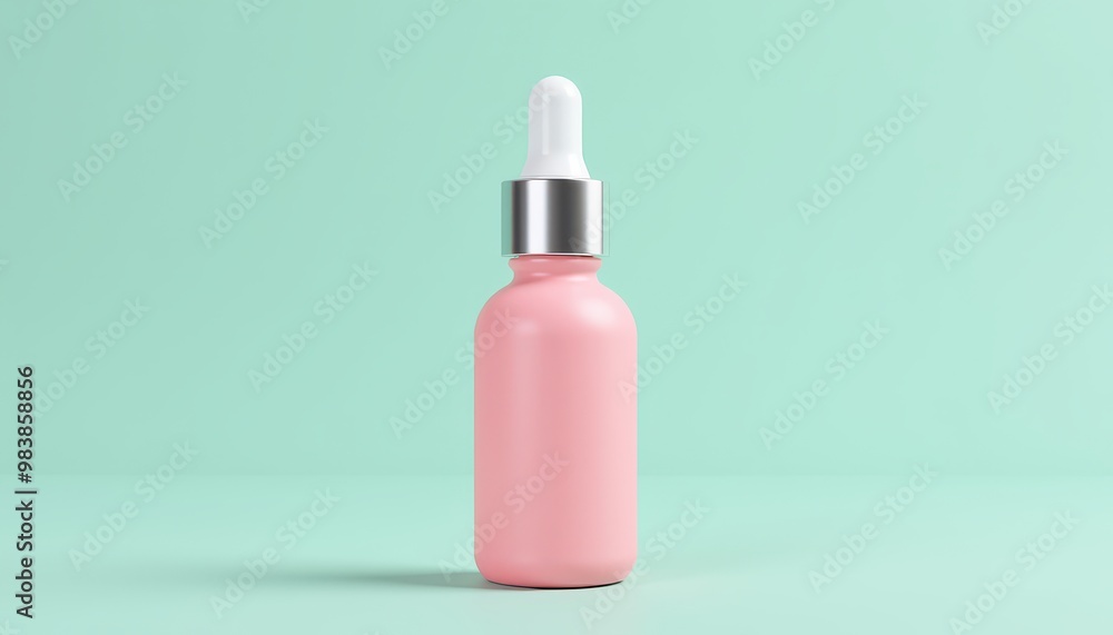Frosted Pink Cosmetic Dropper Bottle with Silver Cap on Soft Teal Background Frosted Pink Cosmetic Dropper Bottle with Silver Cap on Soft Teal Background