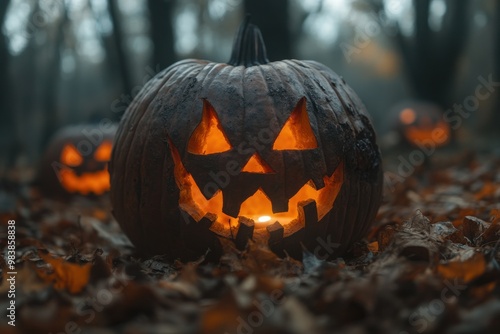 A close-up of a weathered, menacing Jack-o'-lantern with an evil grin, glowing from within.