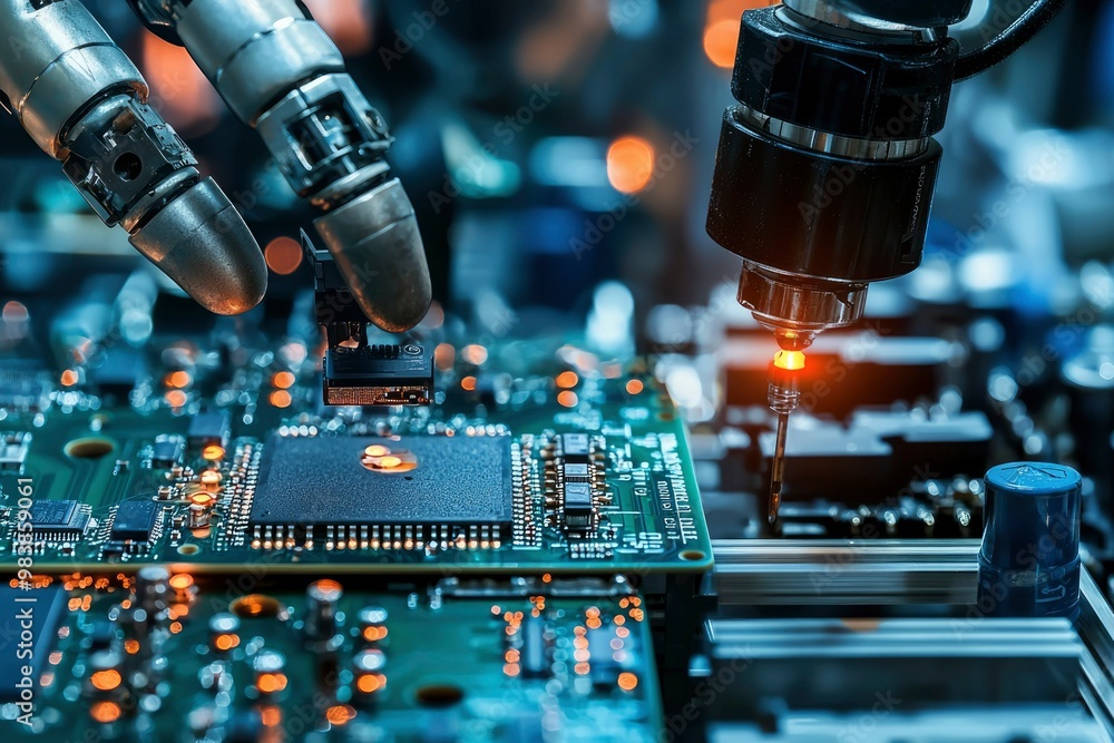 Robotic Arms Assembling Electronic Circuit Board Robotic Arms Assembling Electronic Circuit Board