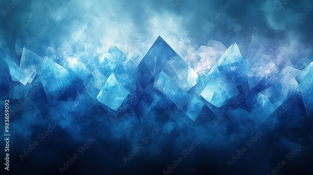 Fototapeta premium Abstract Blue Crystal Mountain Range with Fog