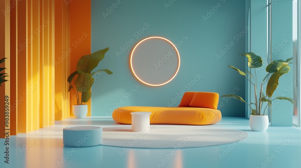 Playful interior with orange sofa, round table, tropical plants, and glowing wall light, ai generated. Playful interior with orange sofa, round table, tropical plants, and glowing wall light, ai generated.