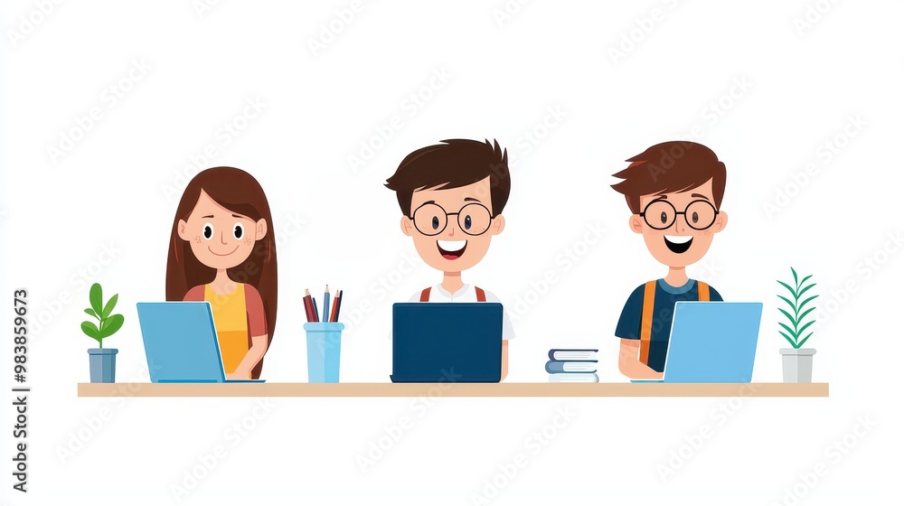 Happy Students Working on Laptops at a Classroom Desk Happy Students Working on Laptops at a Classroom Desk