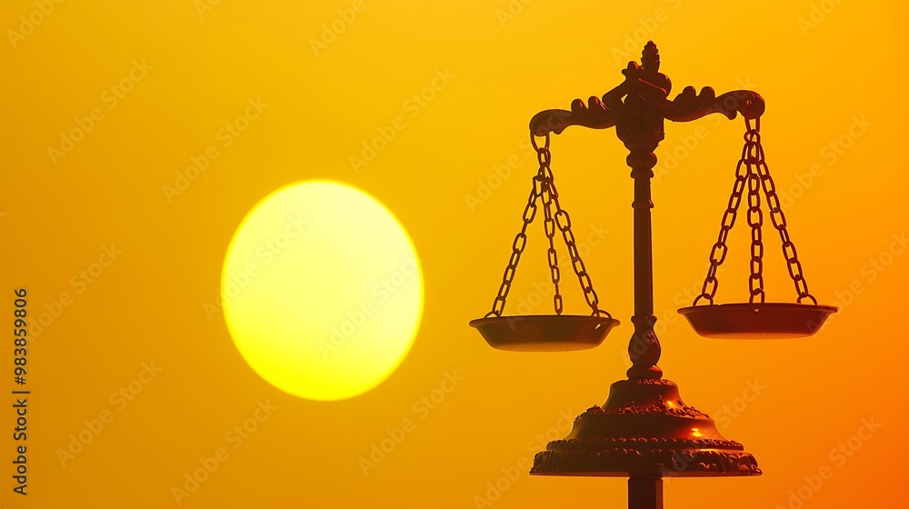 Red conventional balance scale with a backdrop of yellow base sun Red conventional balance scale with a backdrop of yellow base sun