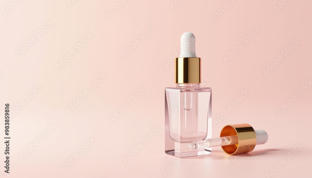 Glossy Clear Cosmetic Dropper Bottle with Gold Cap on Pale Pink Background Glossy Clear Cosmetic Dropper Bottle with Gold Cap on Pale Pink Background