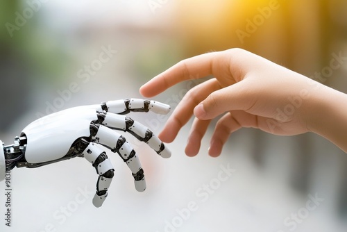 A close-up of a robotic hand and a human hand reaching out to each other, symbolizing the collaboration between humans and AI