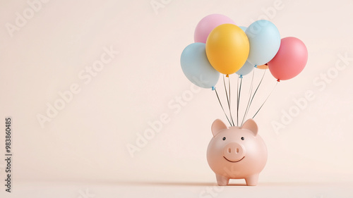 A cheerful piggy bank holds colorful balloons, symbolizing financial joy and celebration. This playful scene captures essence of saving and rewards