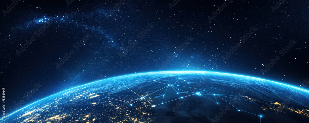 Obraz premium Planetary e-commerce platform illustrated with worldwide data transfers on banner layout