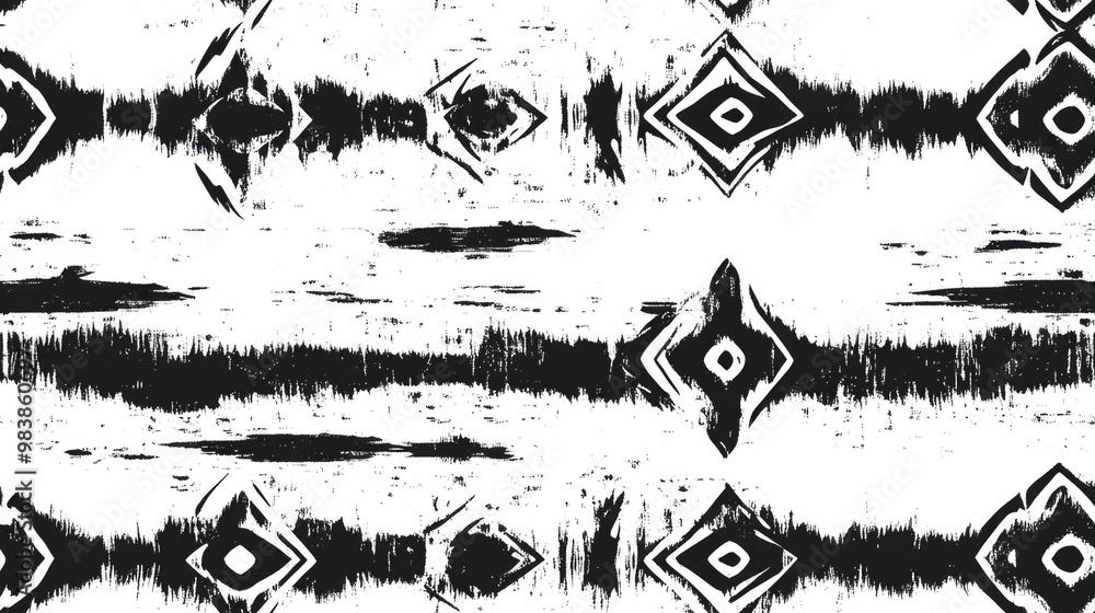 Obraz premium Black Geometric Design White Geometric Ikat Black Ethnic Symbols Wavy Batik White Striped Waves Mystical Spiritual Pattern Parallel Magic Texture Striped Hand Divider Surreal Wallpaper Design