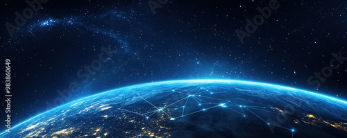 Planetary e-commerce platform illustrated with worldwide data transfers on banner layout