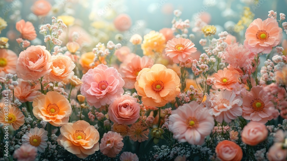 A vibrant arrangement of blooming flowers in soft colors. A vibrant arrangement of blooming flowers in soft colors.