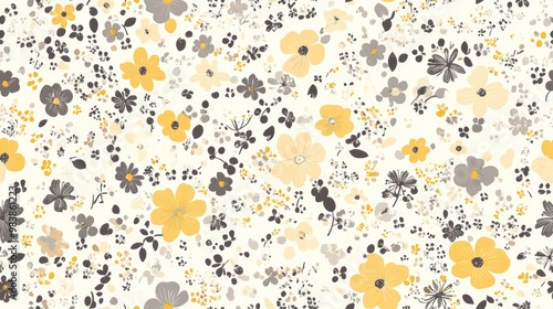 Stylized small flowers create a cute ditsy floral seamless pattern featuring yellow beige and gray colors Raster illustration