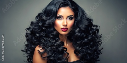 * Luxurious black synthetic wig with bouncy, flowing curls and a natural sheen that catches the eye. photo