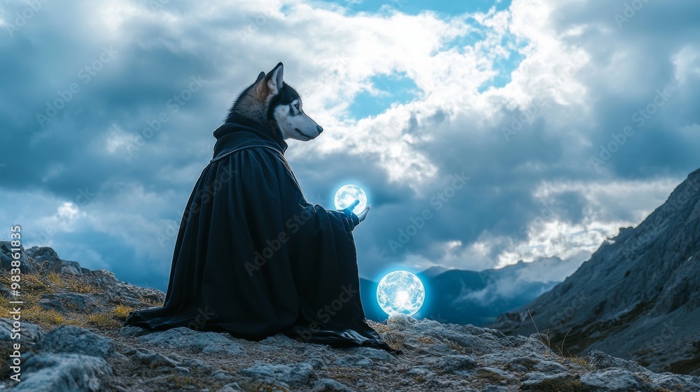 Husky in a Robe Holding a Moon Sphere. Husky in a Robe Holding a Moon Sphere.