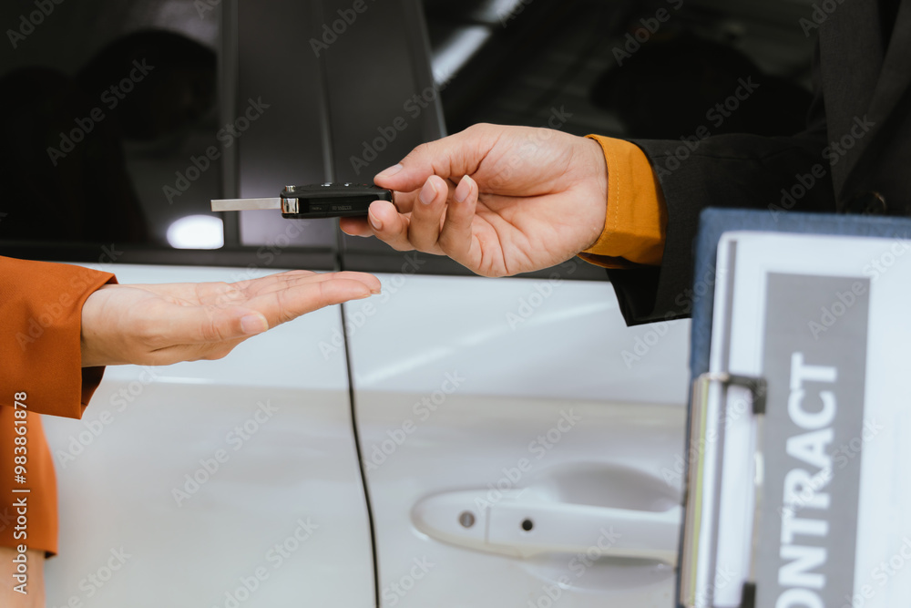 A businessman and his customer agree to a lease on a luxury car. The salesperson hands over the car keys as the customer signs a digital contract on a tablet to successfully close the sale. A businessman and his customer agree to a lease on a luxury car. The salesperson hands over the car keys as the customer signs a digital contract on a tablet to successfully close the sale.