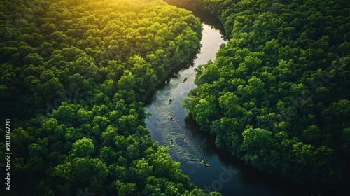 A bird -eye view of a winding river cutting through a dense forest, with kayakers paddling below and the sun shining through breaks in the trees.