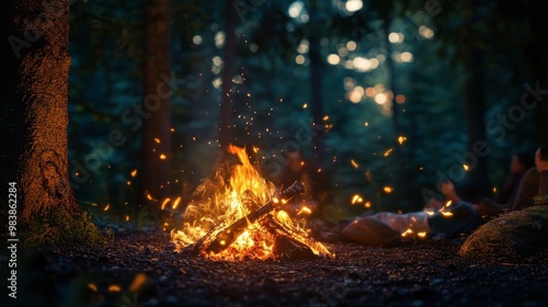 A close-up of a campfire burning brightly, with campers sitting around it, their faces illuminated by the warm glow, surrounded by a dense forest.