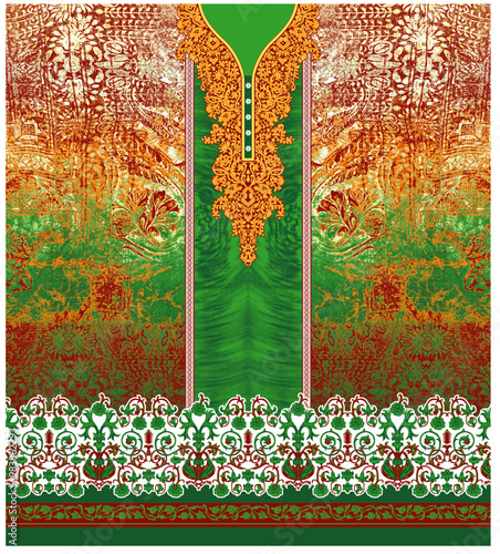 a painting of a green field with an orange border

The design features a beautiful and intricate design. Here’s a detailed description:
•	Central Figure: The main element is a symmetrical, elongated s