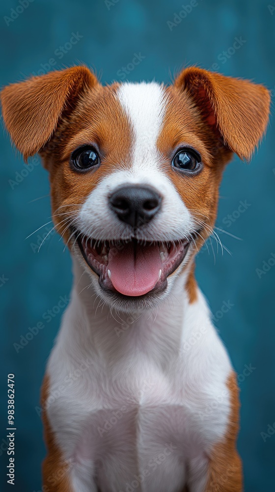 Adorable puppy panting and looking happy on blue background Adorable puppy panting and looking happy on blue background