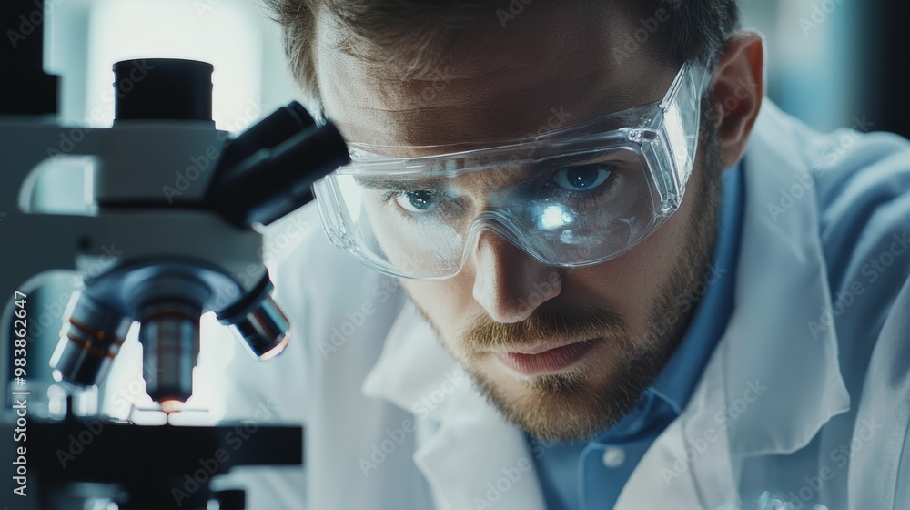 Close-Up of a Focused Scientist Using a Microscope. Close-Up of a Focused Scientist Using a Microscope.