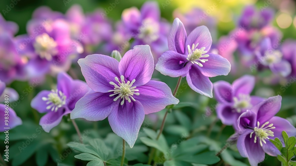 Purple and white anemones blooming in the spring garden