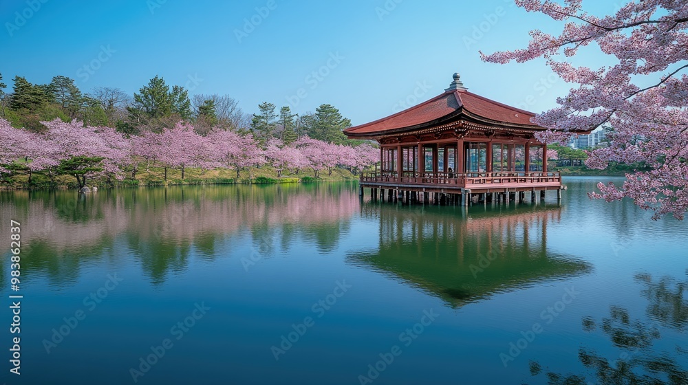 Japanese temple reflecting on the lake during cherry blossom season Japanese temple reflecting on the lake during cherry blossom season