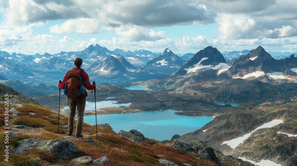 A hiker standing at a mountain pass, holding trekking poles, with a sweeping view of alpine lakes and distant peaks under a partly cloudy sky. A hiker standing at a mountain pass, holding trekking poles, with a sweeping view of alpine lakes and distant peaks under a partly cloudy sky.
