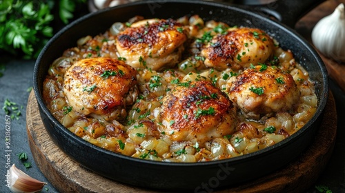 Delicious chicken thighs are served in a cast iron skillet