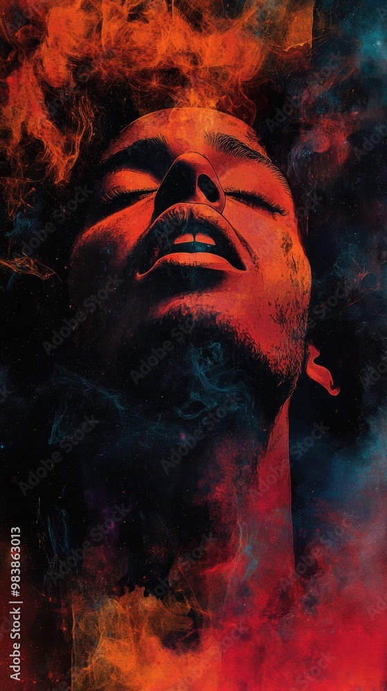 Man experiencing intense emotion with red and blue smoke Man experiencing intense emotion with red and blue smoke