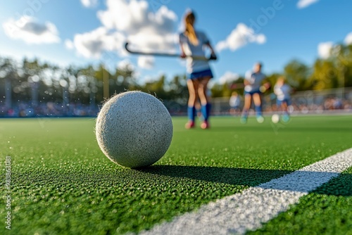 A white field hockey ball on artificial turf with blurred players in the background photo