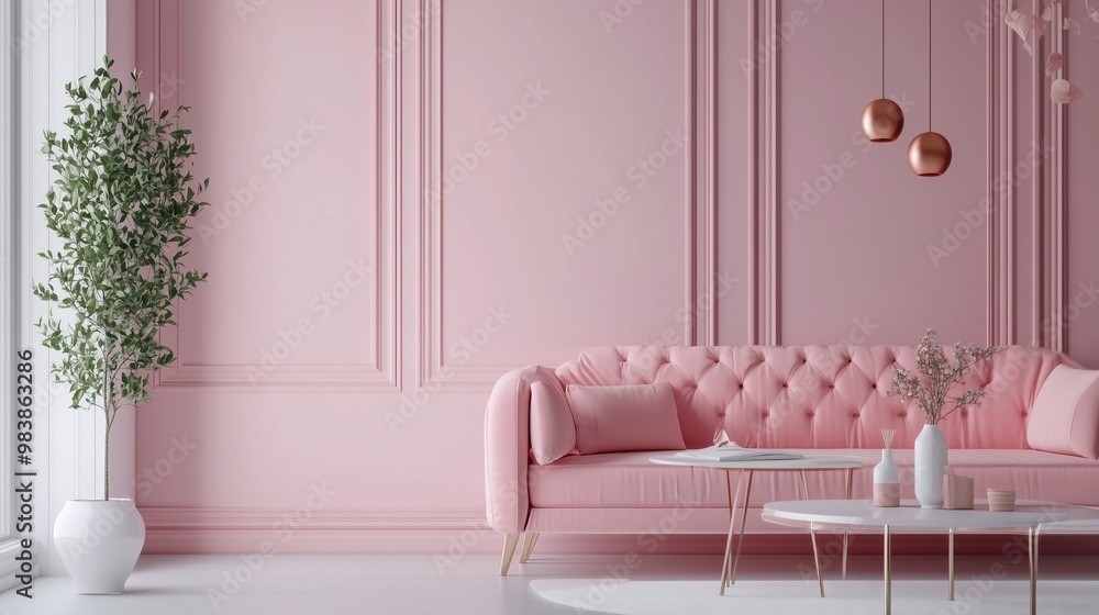 Elegant pink living room with tufted sofa, round table, and greenery. AI generated. Elegant pink living room with tufted sofa, round table, and greenery. AI generated.