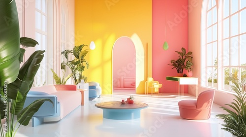 Cheerful living room with pastel sofas, plants, and circular coffee table. AI generated.