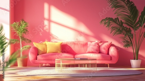Pink living room with plush sofa, yellow cushions, and sunlight. AI generated.