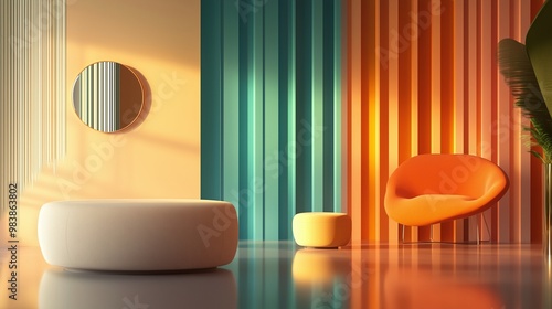 Colorful space with orange chair, mirror, and striped walls in vibrant hues. AI generated.