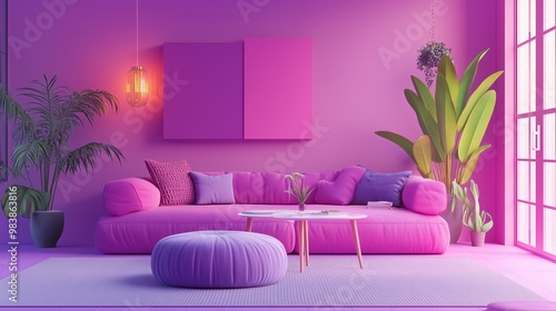 Pink living room with plush sofa, cushions, coffee table, and greenery. AI generated.