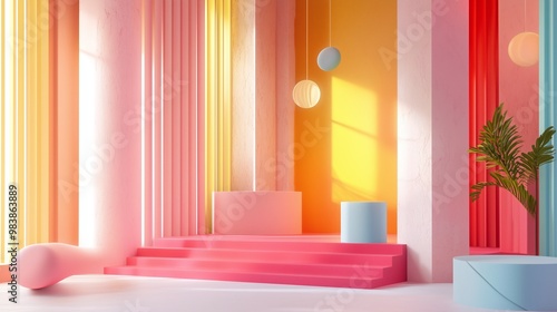 Playful room with pink and yellow walls, pastel geometric shapes, and lights. AI generated.