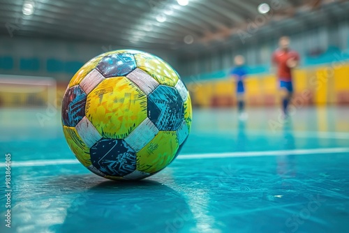 Close-up of a Yellow and Blue Soccer Ball on a Blue Indoor Court