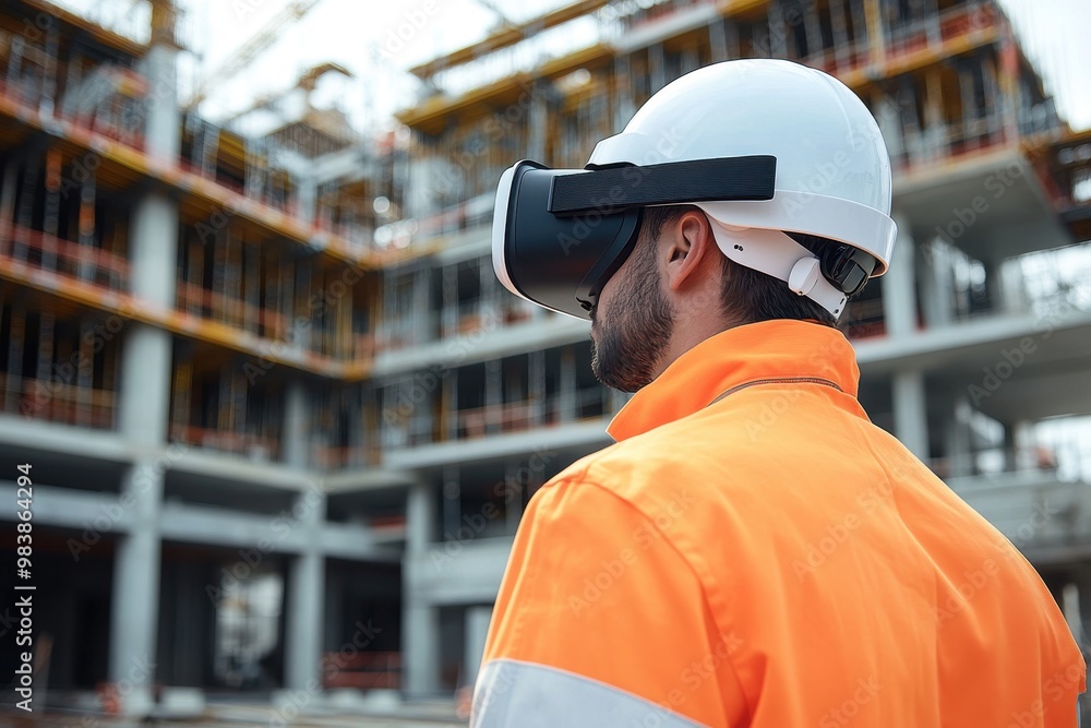 A construction worker wearing a virtual reality (VR) headset and a white hard hat is immersed A construction worker wearing a virtual reality (VR) headset and a white hard hat is immersed