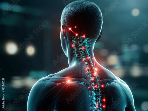 Concept image of muscles with glowing red pain points, symbolizing trigger point discomfort, Trigger point pain, Muscular pain illustration photo