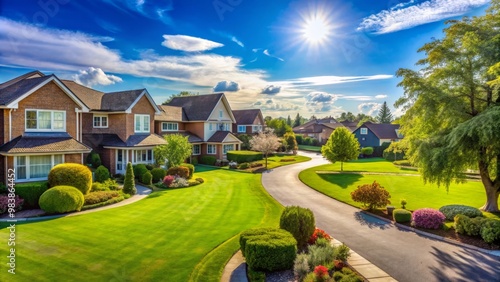 Quiet suburban cul-de-sac featuring vibrant green lawns, leafy trees, and inviting houses, enveloped by the bright