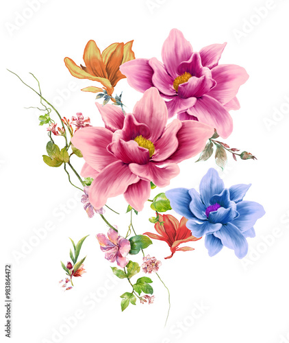 watercolor painting of leaves and flower, on white background