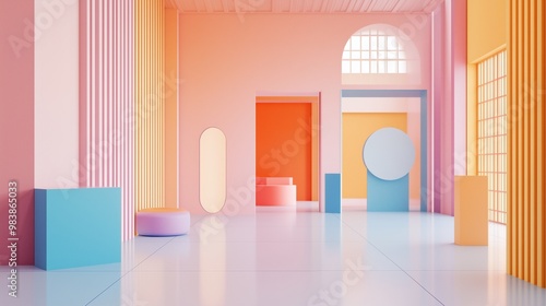 Bright interior with pastel walls, geometric shapes, and spacious layout, ai generated.