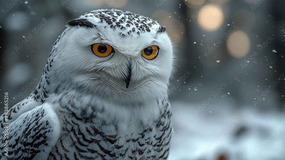Obraz premium Majestic Snowy Owl Portrait in Winter Wonderland - Close-up Shot of Stunning White Feathers and Piercing Gaze