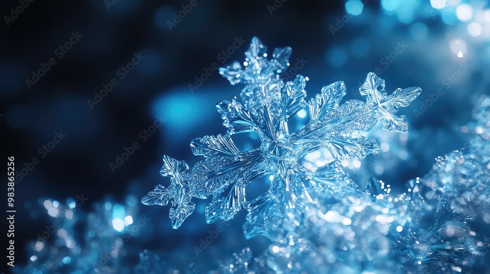 Floating 3D snowflakes made of glass, softly glowing as they fall in an abstract, digital winter landscape. Floating 3D snowflakes made of glass, softly glowing as they fall in an abstract, digital winter landscape.
